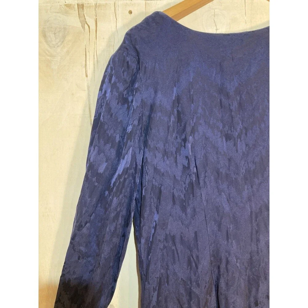 Vintage 90s Ruffle Hem Dress Women Sz 14 Blue Silk Long Sleeve Jacquard Cocktail - Picture 2 of 9